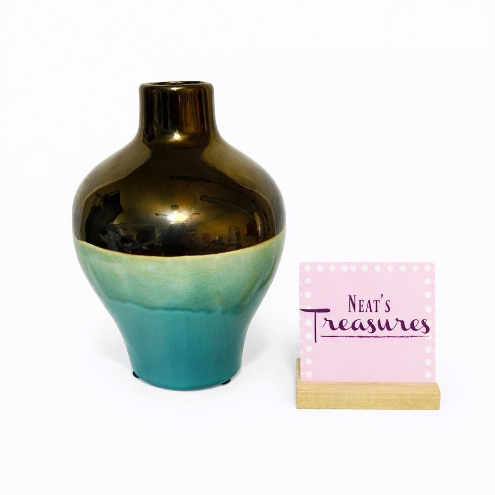 Three Hands Corp 99667 Bronze Green Drip Glaze Crackled Design Ceramic 9.5" Vase